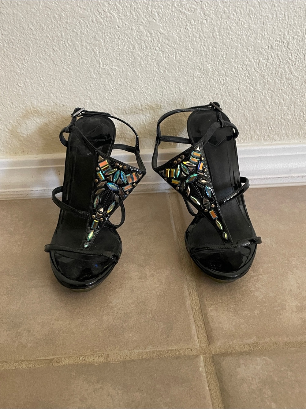 Brian Atwood Black Strappy Heels with Multicolored Iridescent Gem Detail